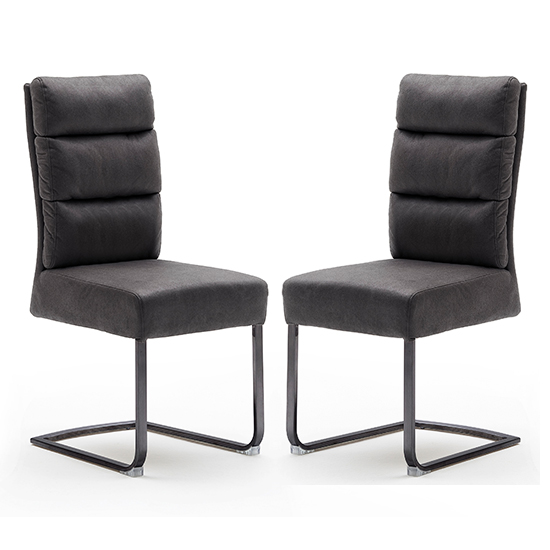 Read more about Rochester grey fabric dining chairs and black legs in pair