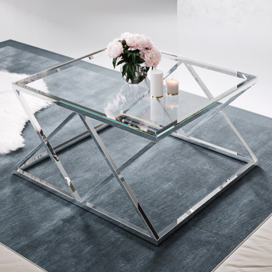 Product photograph of Roma Clear Glass Coffee Table With Silver Stainless Steel Legs from Furniture in Fashion