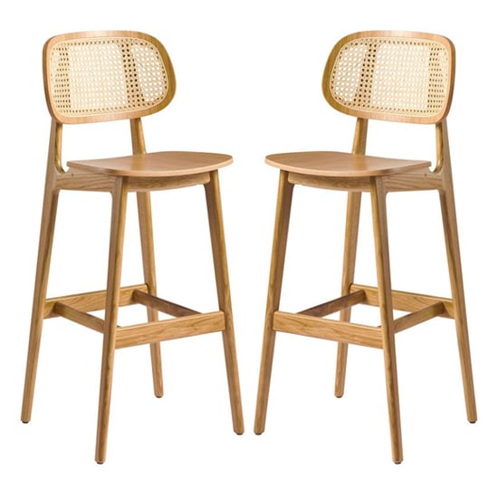 View Romney natural rattan natural oak wooden bar stools in pair