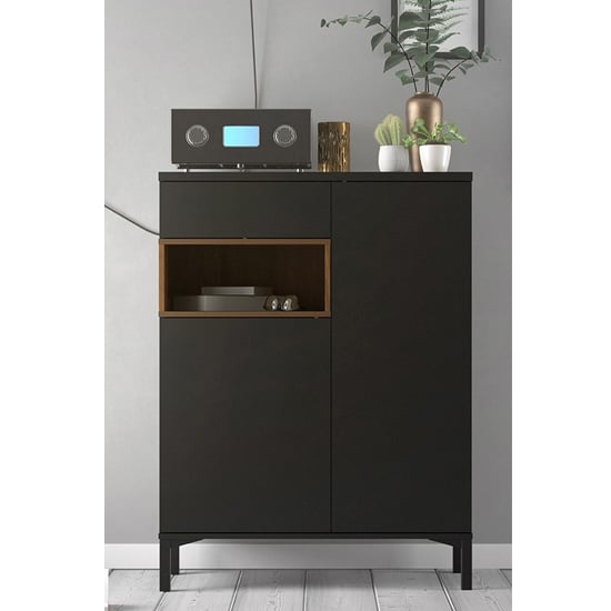 Product photograph of Romtree Wooden 2 Doors 1 Drawer Highboard In Black And Walnut from Furniture in Fashion