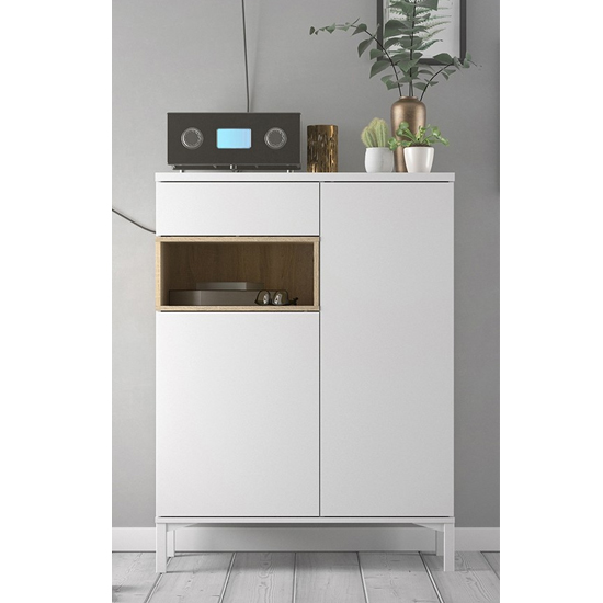 Product photograph of Romtree Wooden 2 Doors 1 Drawer Highboard In White And Oak from Furniture in Fashion