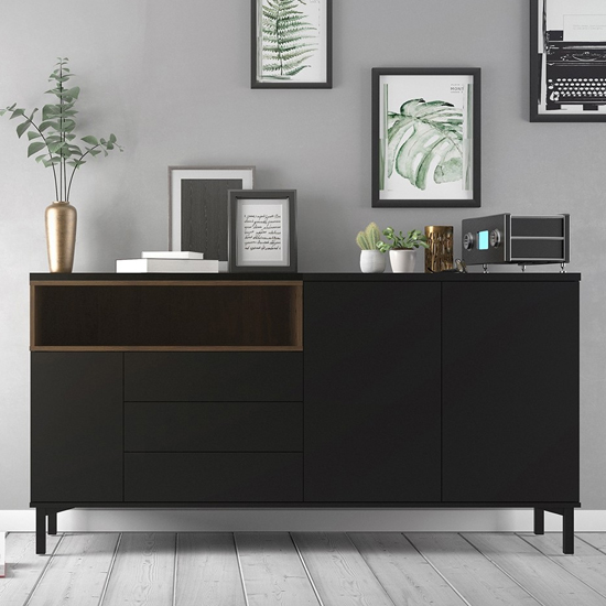 Product photograph of Romtree Wooden 3 Doors 3 Drawers Sideboard In Black And Walnut from Furniture in Fashion