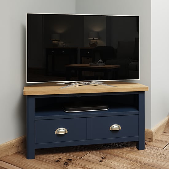Product photograph of Rosemont Wooden Corner Tv Stand In Dark Blue from Furniture in Fashion