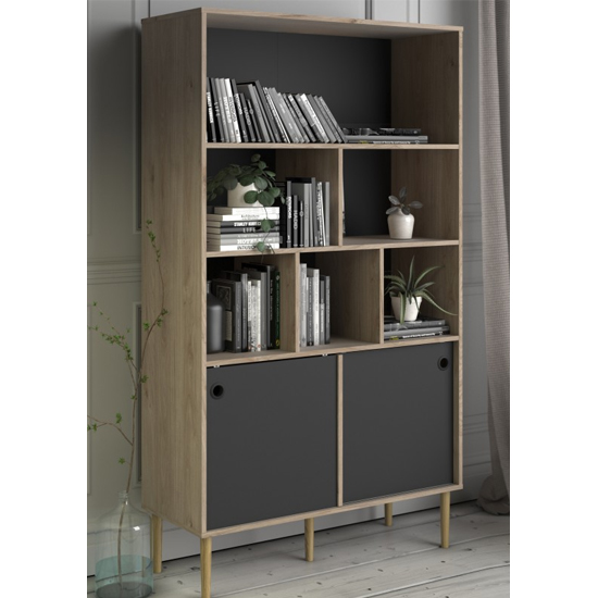 Product photograph of Roxo Wooden 2 Sliding Doors Bookcase In Oak And Black from Furniture in Fashion