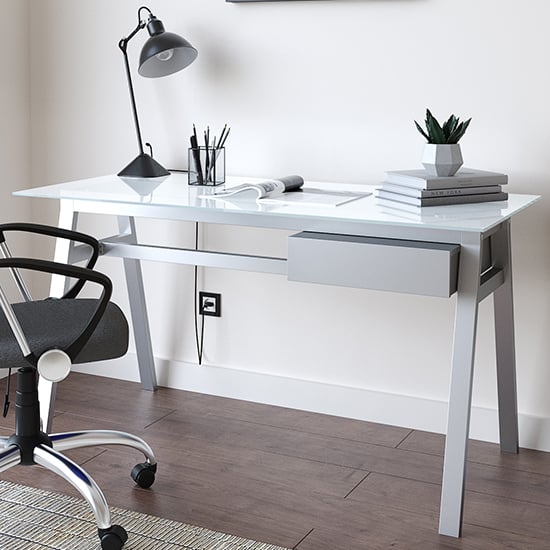 View Rubery white glass top computer desk with white frame