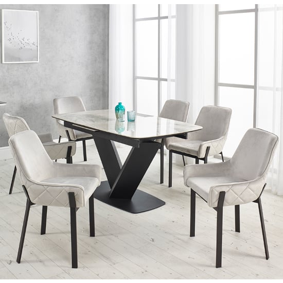 Photo of Riva extending ceramic dining table with 6 riva grey chairs