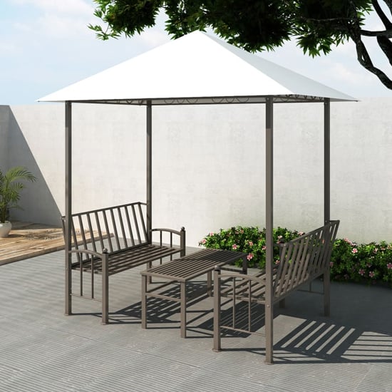 Read more about Ruby garden pavilion with 1 table and 2 benches in white