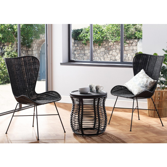 Photo of Rybnik rattan bistro set in black with 2 puqi black wing chairs