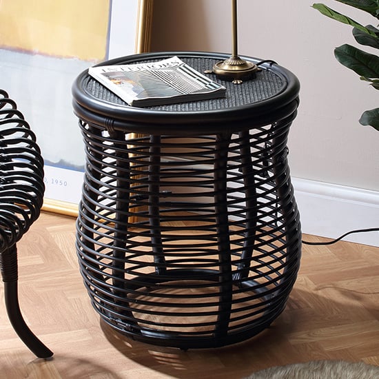 Read more about Rybnik round wicker top rattan lamp table in black