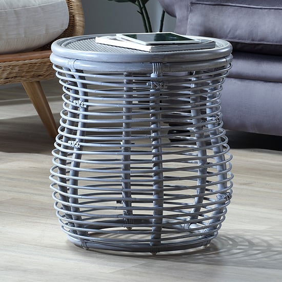 Photo of Rybnik round wicker top rattan lamp table in grey