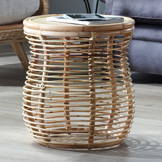 Photo of Rybnik round wicker top rattan lamp table in natural