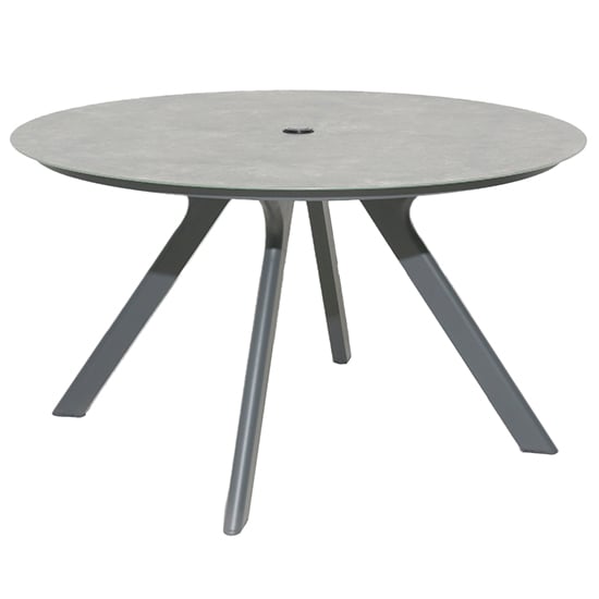 Read more about Rykon outdoor round glass dining table in grey ceramic effect