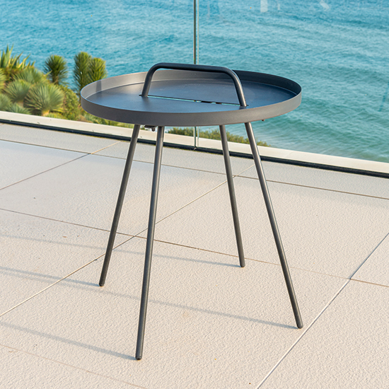 Product photograph of Rykon Outdoor Round Metal Tray Side Table In Matt Grey from Furniture in Fashion