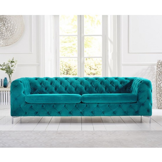 Sabine Velvet Three Seater Sofa In Plush Teal With Metal Legs | Sale