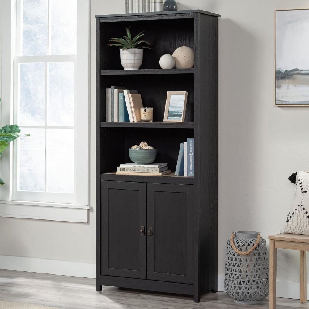 saginaw wooden bookcase with 2 doors in raven and lintel oak