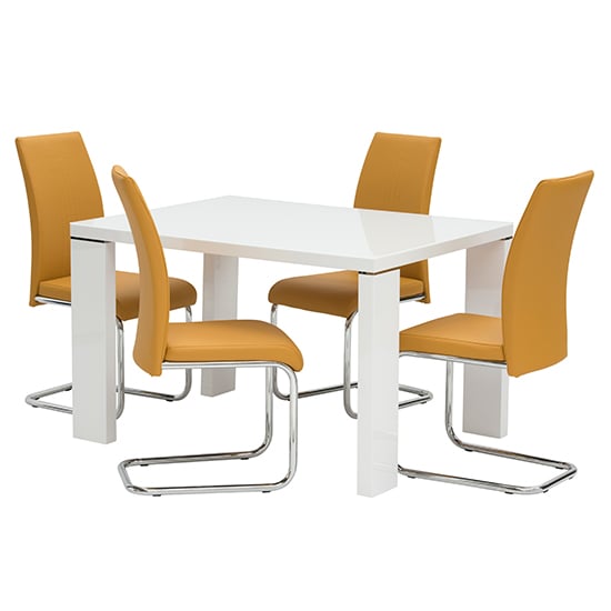 Read more about Sako small glass white dining table 4 montila mustard chairs