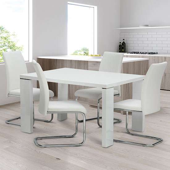 Read more about Sako small glass white dining table 4 montila white chairs
