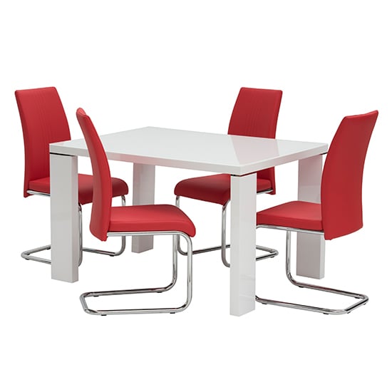 Read more about Sako small glass white gloss dining table 4 montila red chairs