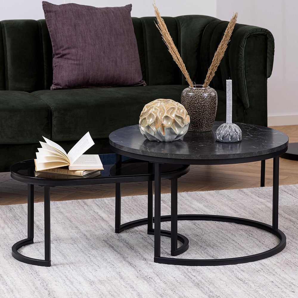 salem wooden and glass nesting coffee tables in black