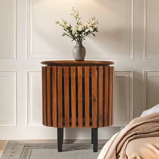 Product photograph of Salina Mango Wood Bedside Cabinet With 1 Door In Walnut from Furniture in Fashion