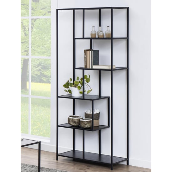 Product photograph of Salvo Wooden Bookcase Tall With 5 Shelves In Ash Black from Furniture in Fashion