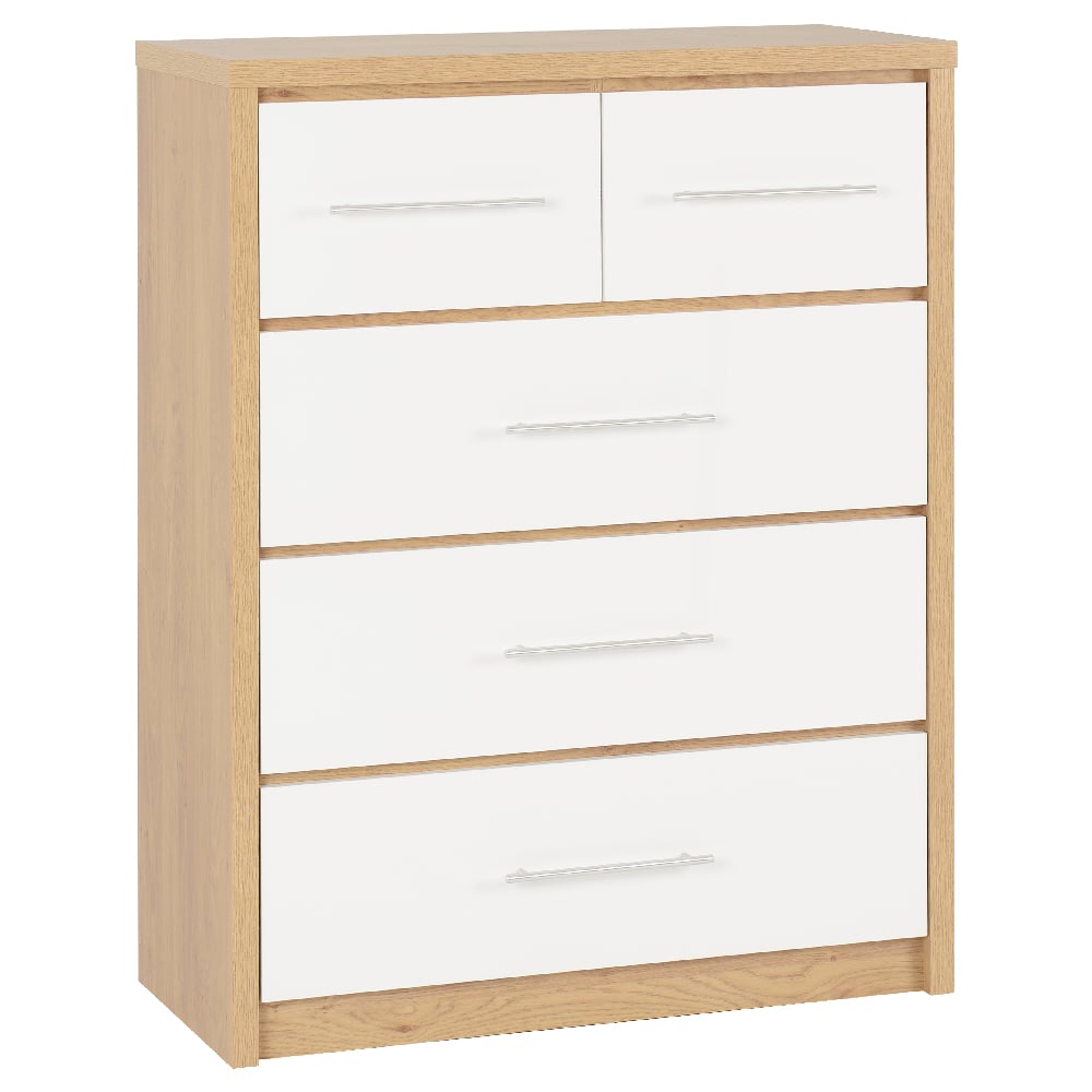 Read more about Samaira high gloss chest of 5 drawers in white and light oak