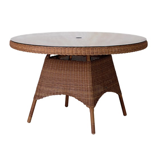 Photo of Sanmo outdoor round 1200mm glass top dining table in red pine