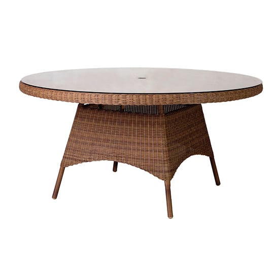 Read more about Sanmo outdoor round 1500mm glass top dining table in red pine
