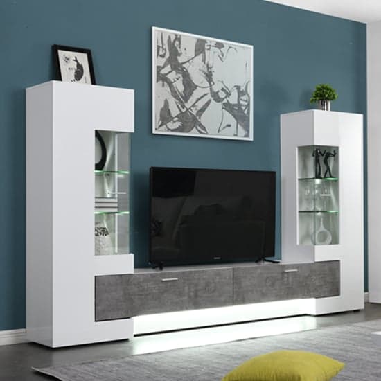 Read more about Santiago entertainment unit in white gloss and concrete effect
