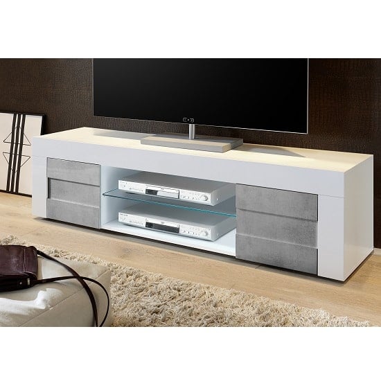 Photo of Santino tv stand large in white high gloss and grey and 2 doors