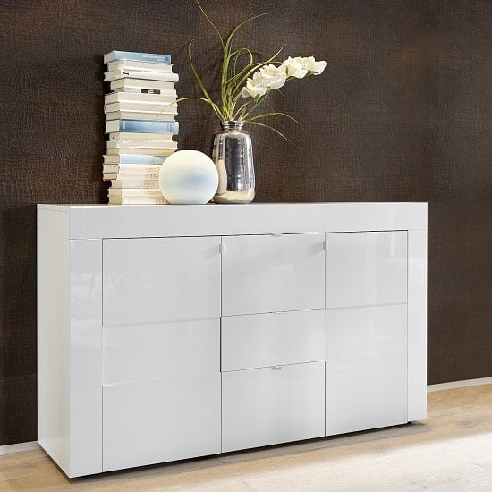 Product photograph of Santino Sideboard In White High Gloss With 2 Doors 3 Drawers from Furniture in Fashion
