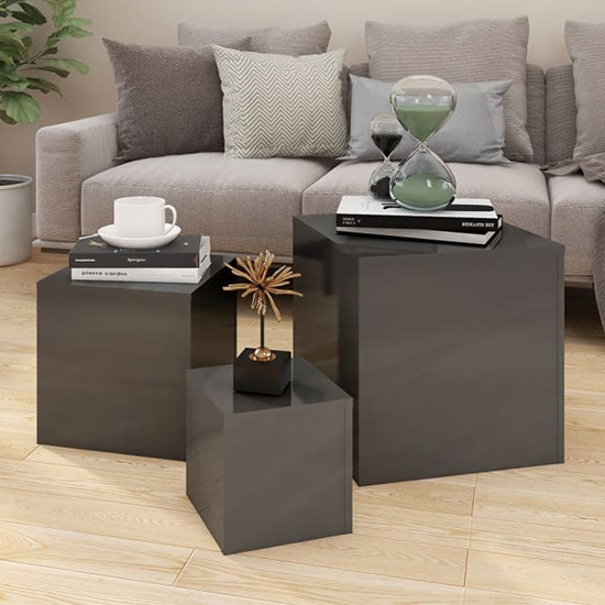 Read more about Sarki high gloss set of 3 cube side tables in grey