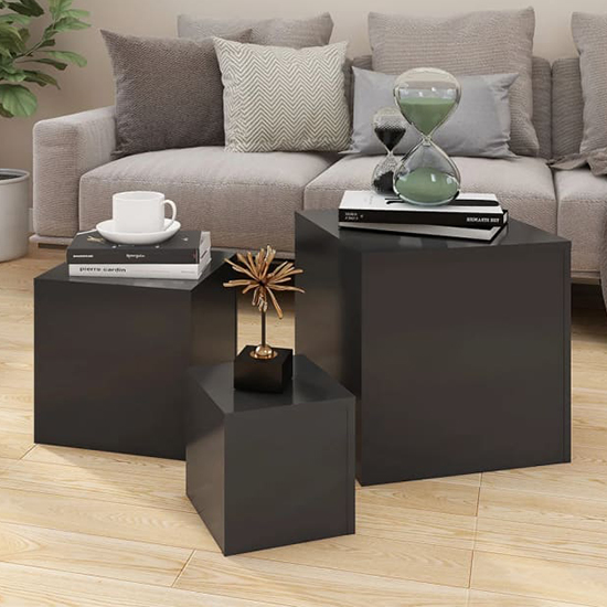Read more about Sarki wooden set of 3 cube side tables in grey