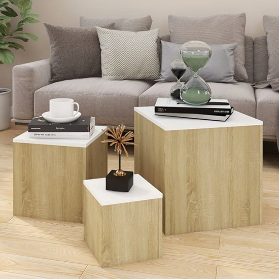 Read more about Sarki wooden set of 3 cube side tables in sonoma oak and white