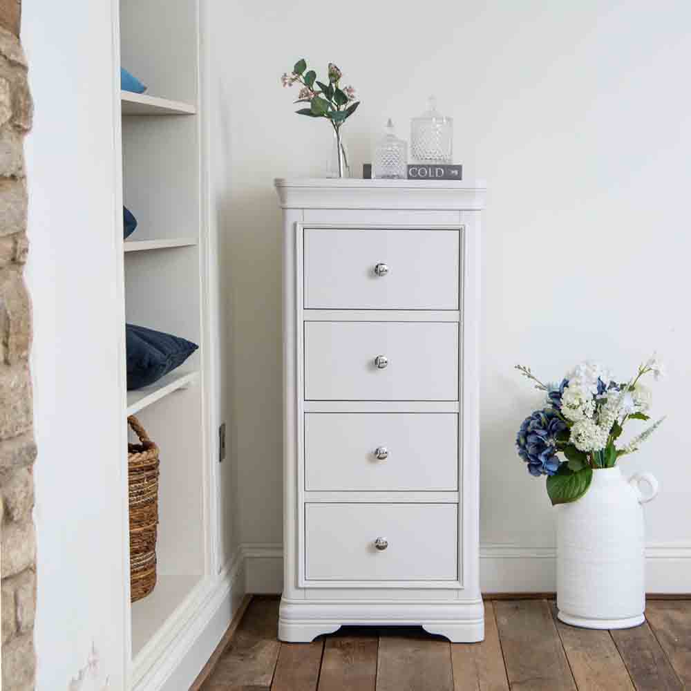 Sarnia Wooden Chest Of 4 Drawers Narrow In White | Furniture in Fashion