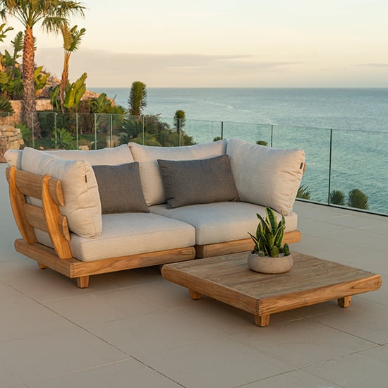 View Sauchie outdoor 2 seater sofa in light grey with coffee table