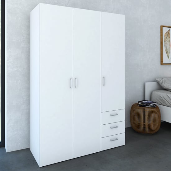 Product photograph of Scalia Wooden Wardrobe In White With 3 Doors And 3 Drawers from Furniture in Fashion