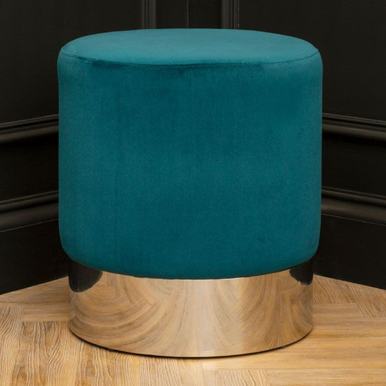 Photo of Sceptrum round velvet stool with silver steel base in teal