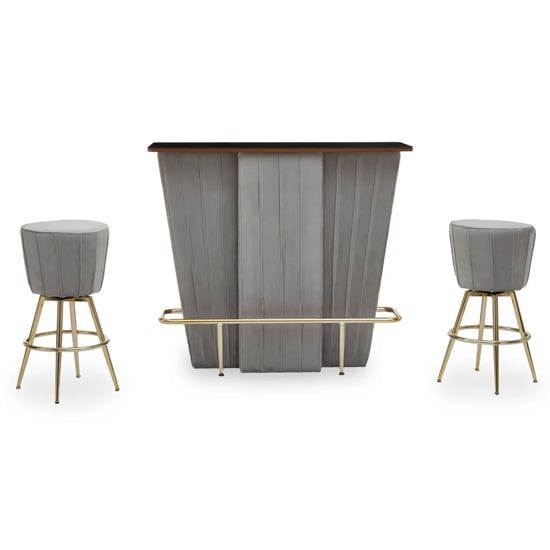 Read more about Schaumburg wooden bar table with 2 grey velvet stools