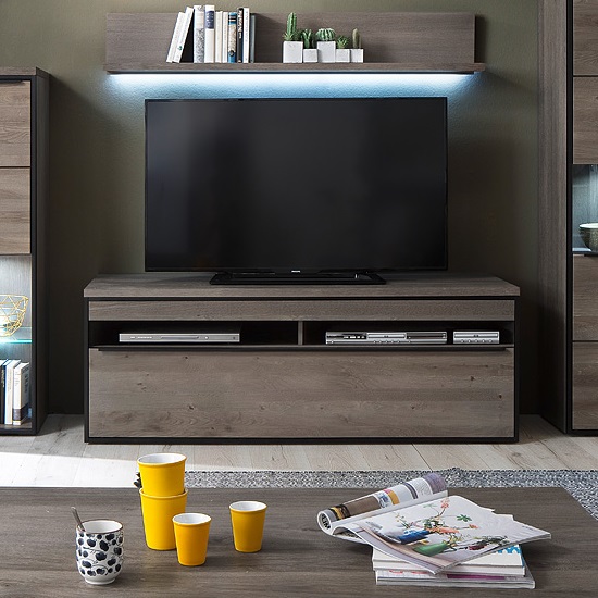 Seattle TV Stand In Oak And Stone Grey With Metal Accents 