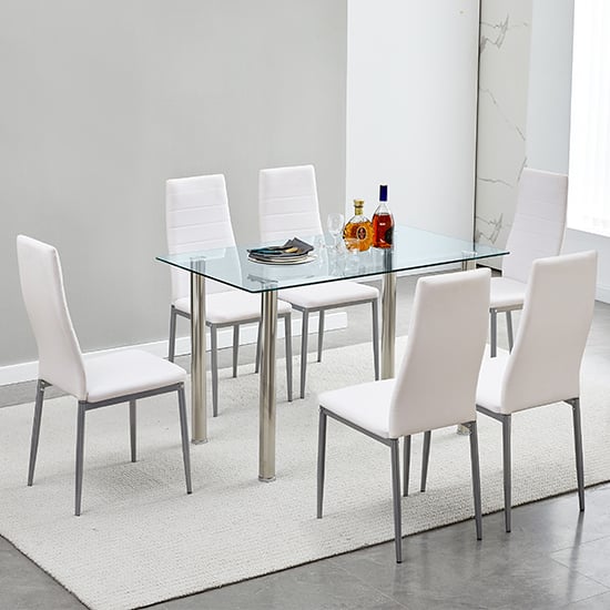 Silo Clear Glass Dining Table With 6 Oriel White Chairs | Furniture in ...