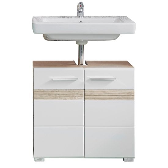 Read more about Seon bathroom sink vanity unit in gloss white and light oak
