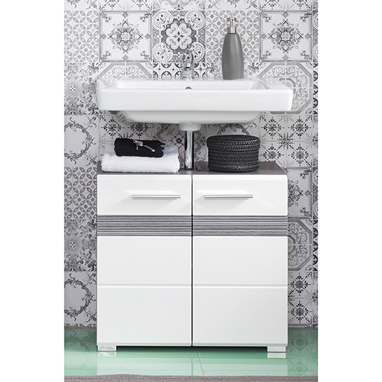 Read more about Seon bathroom sink vanity unit in gloss white and smoky silver
