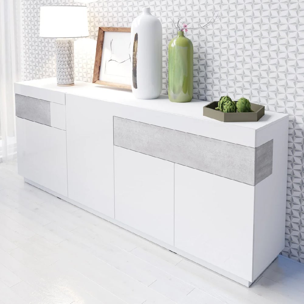 sevilla high gloss sideboard with 3 doors in white concrete grey