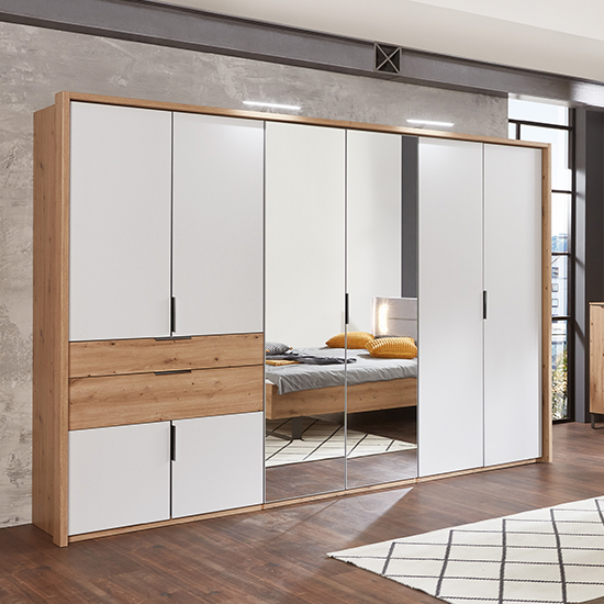 Read more about Shanghai mirrored wide wardrobe in artisan oak and white