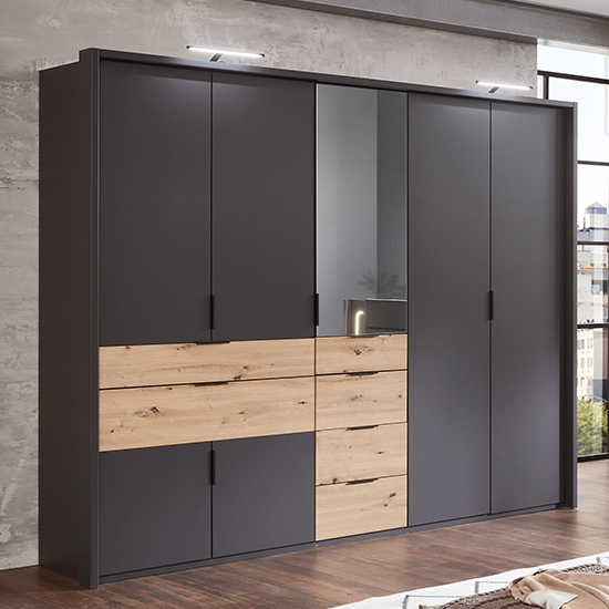 Read more about Shanghai mirrored wooden wardrobe in graphite and artisan oak