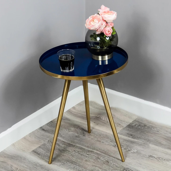 Read more about Sharon blue enamel top side table with gold metal frame