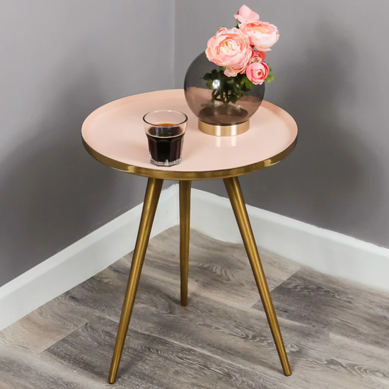 Read more about Sharon pink enamel top side table with gold metal frame