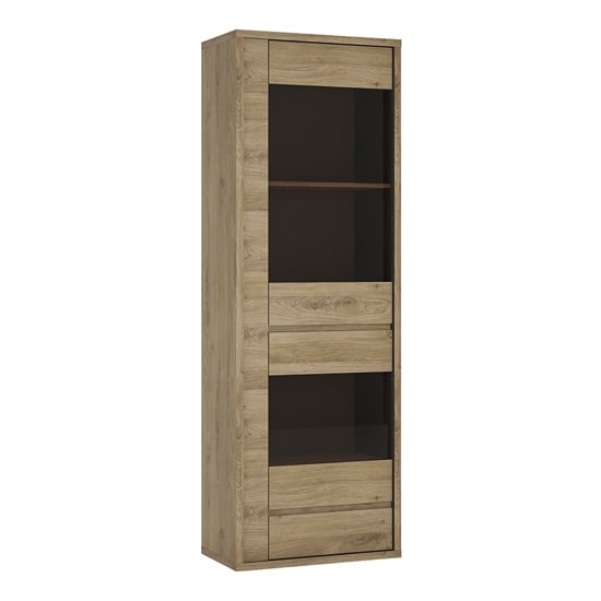 Product photograph of Sholka Narrow Wooden 1 Door 1 Drawer Display Cabinet In Oak from Furniture in Fashion