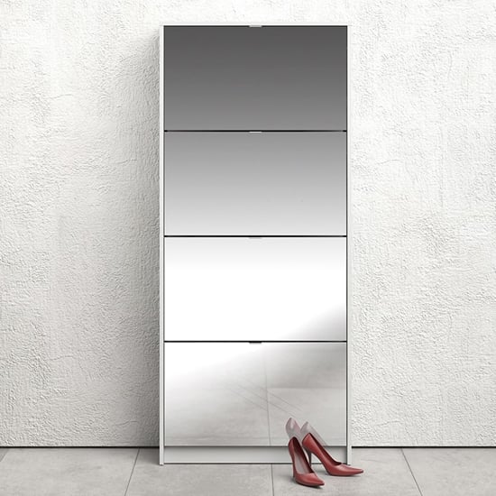 Product photograph of Shovy Mirrored Shoe Cabinet In White With 4 Doors And 2 Layers from Furniture in Fashion